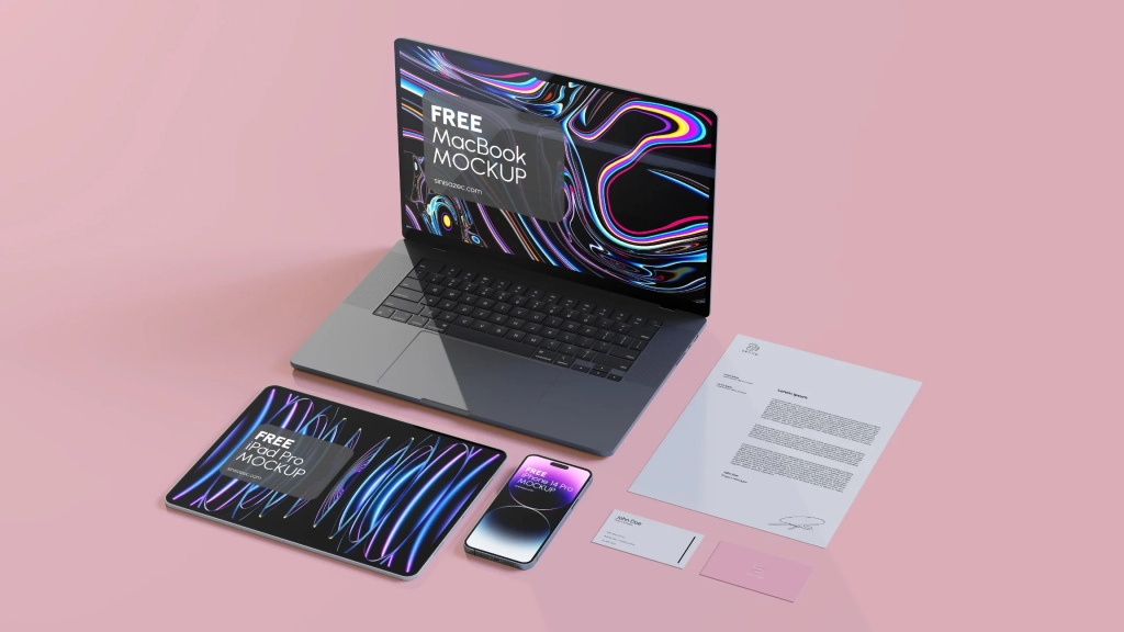 Free Stationary branding template including MacBook iPad iPhone, letter and business cards. 8K resolution